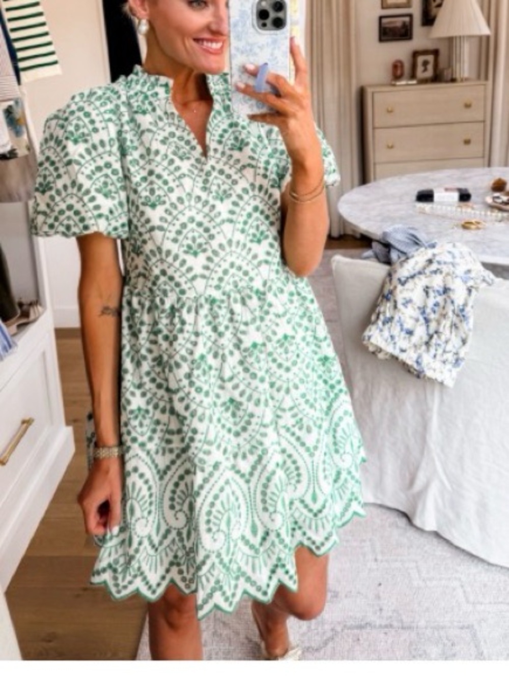 Avara Green and White Scalloped Hem Mini Dress NWT Size Medium